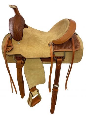 16" Roper Style saddle with roughout leather hard seat. Saddle features rough out fenders and jockies. Saddle has basket weave tooling on skirt and pommel