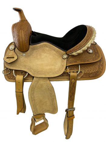 16" Roper Style saddle with rough out fenders and jockies with light floral&#47;basket weave combo tooling