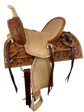 12" Double T hard seat roping style saddle with floral tooling