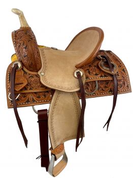 12" Double T Hard Seat Barrel Style Saddle with Floral Tooling