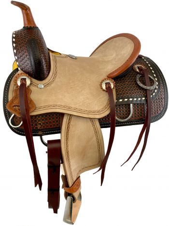 12" Double T hard seat roping style saddle with serpentine border tooling