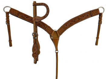Showman  Medium oil leather one ear headstall and breast collar set with floral tooling and silver dots