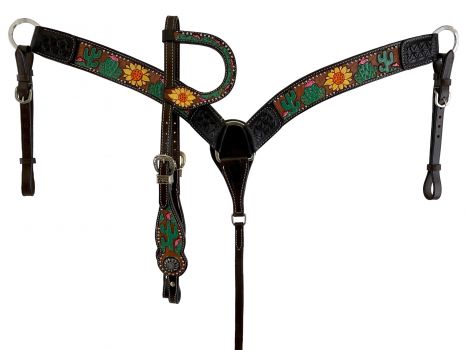 Showman Hand painted sunflower and cactus one ear headstall and breast collar set