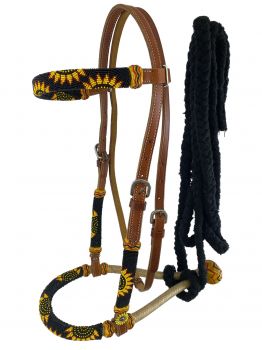 Showman Leather bosal headstall with sunflower design beaded overlays and black cotton mecate reins