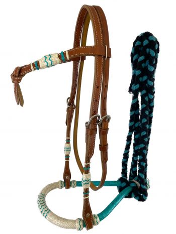 Showman Fine quality teal and natural rawhide core show bosal with a cotton mecate rein