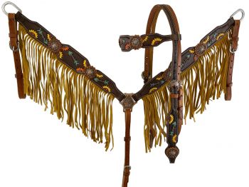 Showman Hand Painted Sunflower &amp; Arrow Browband Headstall and Breast collar Set with Fringe