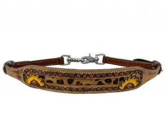 Showman wither strap with painted sunflower design and hair on cheetah inlay