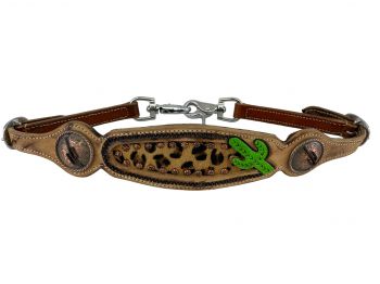 Showman wither strap with a painted cactus design, cheetah hair on inlay and copper cactus conchos