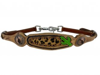 Showman wither strap with a painted cactus design, cheetah hair on inlay and copper cactus conchos