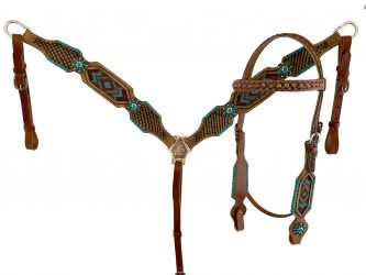 Showman Browband Leather Headstall and breast collar set with southwest beaded inlay