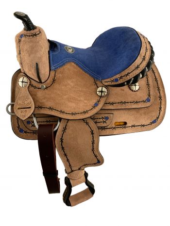 12" Double T  Youth Pleasure style saddle Set with blue suede seat, barbwire branding and blue flower motifs - with matching Headstall, Breast collar and Reins #2