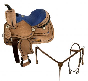 12" Double T  Youth Pleasure style saddle Set with blue suede seat, barbwire branding and blue flower motifs - with matching Headstall, Breast collar and Reins