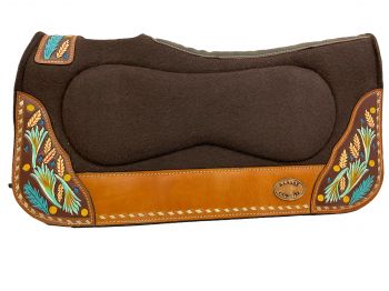 Klassy Cowgirl 28x30 Barrel Style 1" brown felt pad with painted feather accent and cream leather lacing