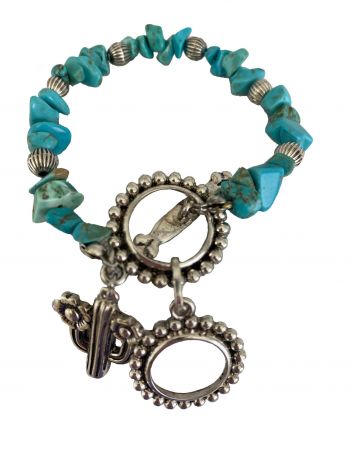 Western design silver &amp; turquoise stone bracelet with cactus dangle charm