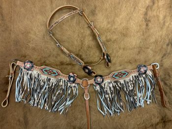 Showman Painted 3D Flower &amp; Aztec Beaded Browband Headstall and Breast collar Set with Fringe #2