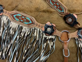 Showman Painted 3D Flower &amp; Aztec Beaded Browband Headstall and Breast collar Set with Fringe #3