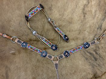 Showman Aztec beaded Headstall and Breast collar Set with 3D black leather painted flower accents #2