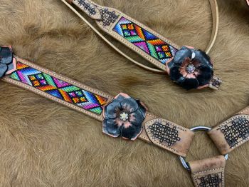 Showman Aztec beaded Headstall and Breast collar Set with 3D black leather painted flower accents #3