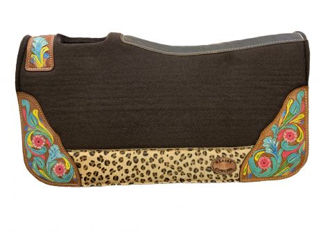 Klassy Cowgirl 28x30 Barrel Style 1" brown felt pad with painted floral design and hair on Cheetah accent
