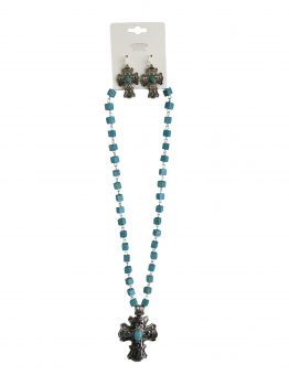 18" Silver and turquoise rosary style beaded necklace set with 2-1&#47;2" silver cross and earrings