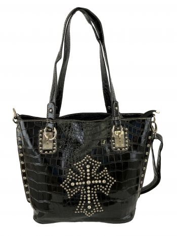 P&amp;G Black Gator Synthetic Purse with Rhinestone &amp; Beaded Cross