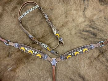 Showman Browband Headstall &amp; Breastcollar set with hair on cheetah print and painted sunflowers #2