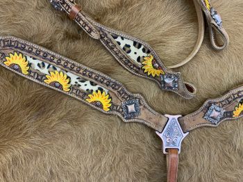 Showman Browband Headstall &amp; Breastcollar set with hair on cheetah print and painted sunflowers #3