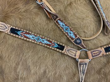 Showman Browband beaded Headstall and Breast collar Set with brown rawhide lacing accents #3