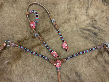 Showman One Ear beaded Headstall and Breast collar Set with 3D Flower Accents #2