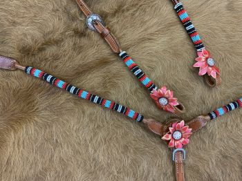 Showman One Ear beaded Headstall and Breast collar Set with 3D Flower Accents #3