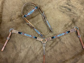 Showman Browband beaded Headstall and Breast collar Set with brown rawhide lacing accents #2