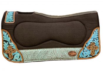 Klassy Cowgirl 28x30 Barrel Style 1" Teal felt pad with painted floral accent and teal embossed leather, and Cross with Hair on Cheetah Inlay