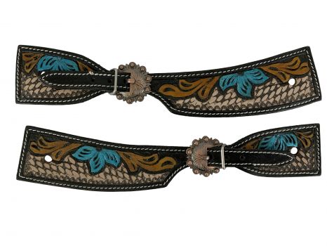 Showman Ladies spur straps with painted blue flower on basket tooled leather