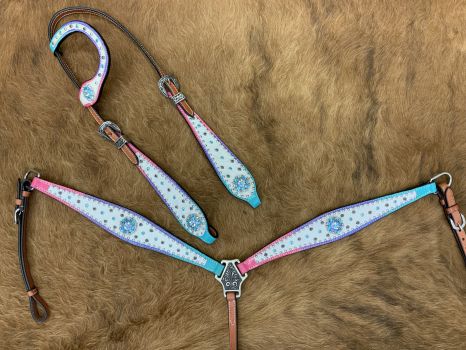 Showman Cowhide inlay One Ear headstall and breast collar set with Ombre Rainbow Leather beads and bling conchos and hardware #2