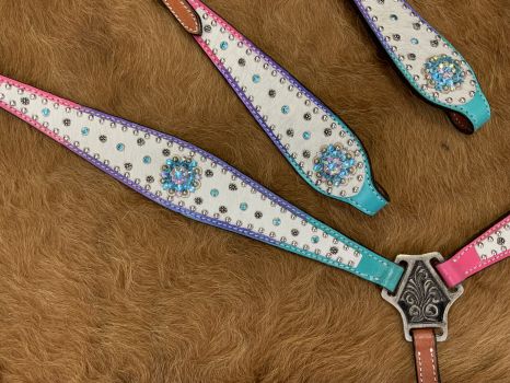 Showman Cowhide inlay One Ear headstall and breast collar set with Ombre Rainbow Leather beads and bling conchos and hardware #3