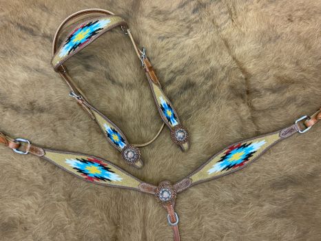 Showman Browband Headstall &amp; Breast collar set with wool southwest blanket inlay - tan and rose gold #2
