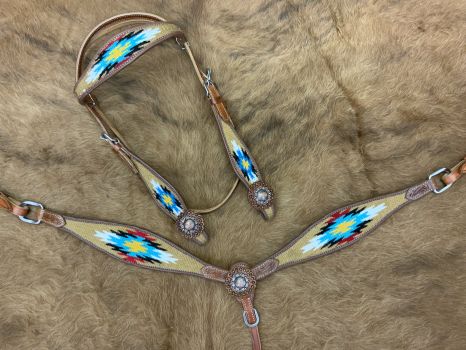 Showman Browband Headstall &amp; Breast collar set with wool southwest blanket inlay - tan and rose gold #2