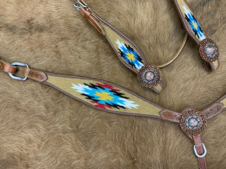 Showman Browband Headstall &amp; Breast collar set with wool southwest blanket inlay - tan and rose gold #3