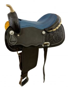 16" Economy Barrel Saddle Set with floral tooling, silver beads and blue ostrich print seat. Saddle comes complete with matching headstall and breast collar set. *No Reins* #2