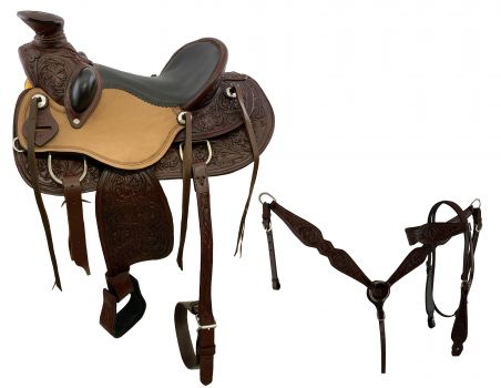 17" Burgundy Wade Style Economy Roping Saddle Set with matching HS&#47;BC Set with reins