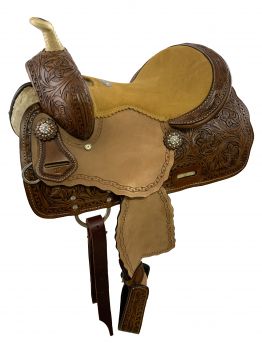 12" Double T Medium Oil Youth Barrel style saddle with suede seat. Comes with a matching headstall, reins and breast collar #2
