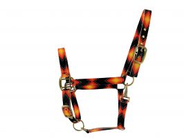 3ply Orange and Black Aztec design Nylon Horse Sized Halter. Average horse 800-1100 lbs