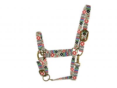 3ply White Aztec design Nylon Horse Sized Halter. Average horse 800-1100 lbs