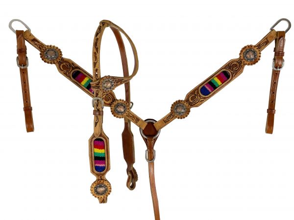 Showman One Ear medium leather Headstall &amp; Breast collar set with wool southwest blanket inlay