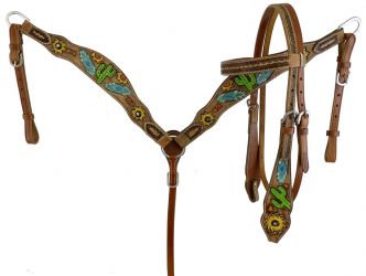 Showman Hand painted sunflower, southwest and cactus headstall and breast collar set