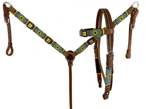 Showman Medium oil leather browband headstall with beaded sunflower design