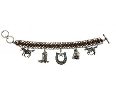 Silver Link with Leather and charms western dangle bracelet