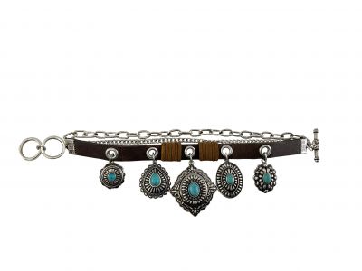 Leather bracelet featuring concho accents and toggle clasp