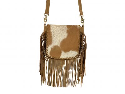 Showman Leather Crossbody Bag with hair on cowhide fringe design and crossbody strap