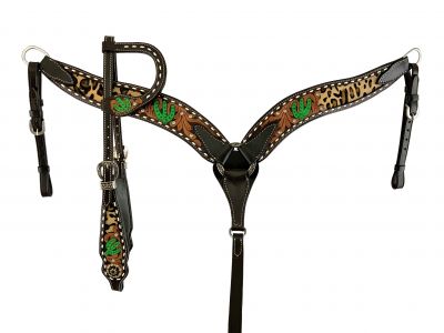 Showman Hair on Cheetah Print Inlay with Painted Cactus accent Single Ear Headstall and Breast Collar Set